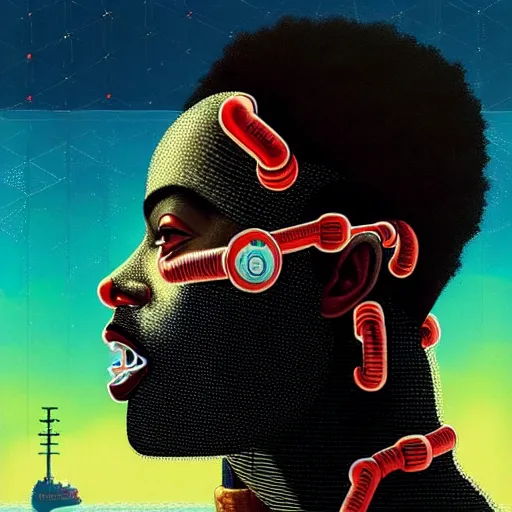 Image similar to a portrait of a black man :: side profile :: blood :: background sea :: intricate details :: futuristic oxygen mask :: 8k :: simon stalenhag and Sandra Chevrier