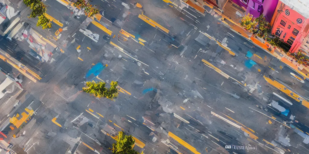 Prompt: Vibrant Color Photograph of an empty city street. Full color Award winning photography. Canon EOS R3. POV from roof.