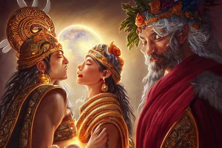 Image similar to close up moment of a divine a sun god and a moon goddess lovers magician at a wedding banquet, highly detailed, d & d, fantasy, highly detailed, digital painting, trending on artstation, concept art, sharp focus, illustration, art by artgerm and greg rutkowski and magali villeneuve