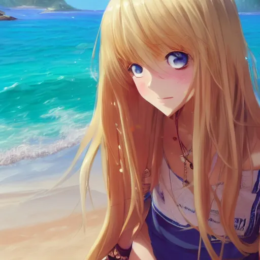 Image similar to a very beautiful anime girl, full body, long golden hair, sky blue eyes, full round face, short smile, short jeans, cute top, beach setting, cinematic lighting, medium shot, mid-shot, highly detailed, trending on Artstation, Unreal Engine 4k, cinematic wallpaper by Stanley Artgerm Lau, WLOP, Rossdraws, James Jean, Andrei Riabovitchev, Marc Simonetti, and Sakimichan