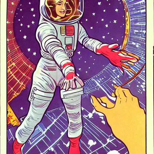 Image similar to a woman with straight brown hair, floating in space. she is an astronaut, wearing a space suit. well composed, clean elegant painting, beautiful detailed face. comic book art by steve ditko and jack kirby and ( alphonse mucha )