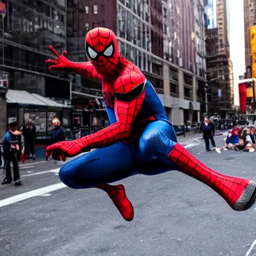 Image similar to spider - man performs a perfect kick flip on his skateboard in new york city whilst a crowd watches, beautiful photograph