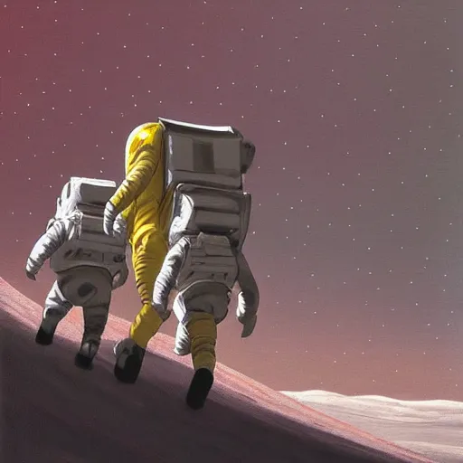 Image similar to astronauts walking on the moon with earth on the background, painting style of samdoesarts