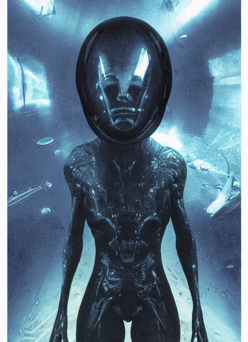 Image similar to astronauts alien in dark void underwater - complex and hyperdetailed technical suit. reflection and dispersion materials. rays and dispersion of light. volumetric light. f / 3 2. noise film photo. flash photography. ultra realistic, wide angle. poster by wayne barlowe, hajime sorayama aaron horkey, craig mullins