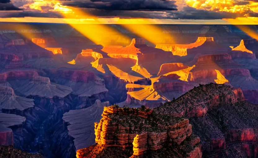 Image similar to an award winning professional photograph of the grand canyon at the golden hour, in the style of avatar, epic scene, extremely detailed masterpiece, extremely moody lighting, glowing light and shadow, atmospheric, shadowy, cinematic, god lighting