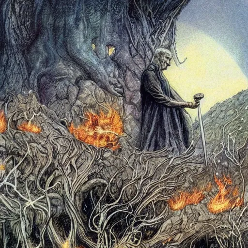 Prompt: 🌄🔥🍂🌨🪐🧙, comic art, alan lee, stan lee, illustration, jrr tolkien