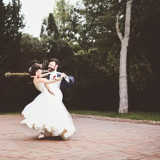 Prompt: Groom with stubble and bride with dark hair dance in a sunny day