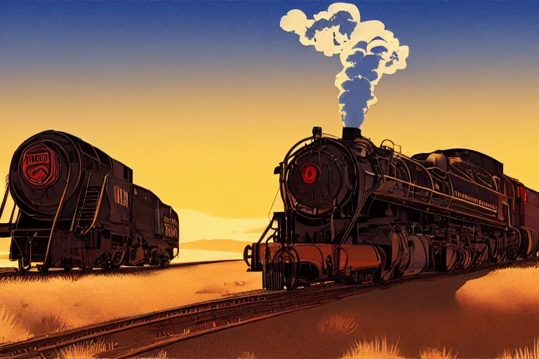 Image similar to idyllic old western freight train illustration by syd mead, artstation, 4 k, graphic novel, concept art, matte painting, steam engine spewing billowy white clouds of steam, beautiful mountain desert sunset background, golden hour