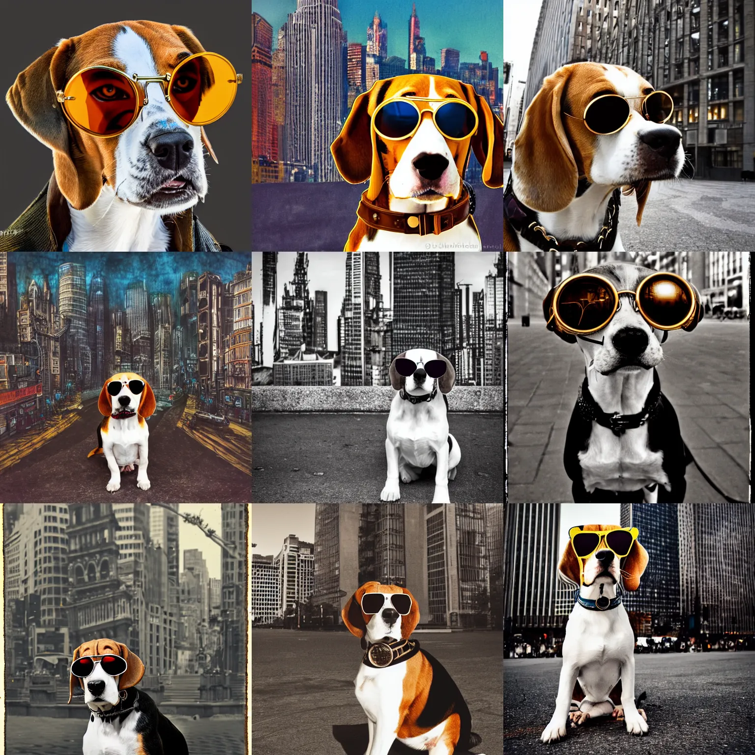 Prompt: sublime portrait of a beagle with sunglasses in front of a busy metropolis, medium shot, steampunk era