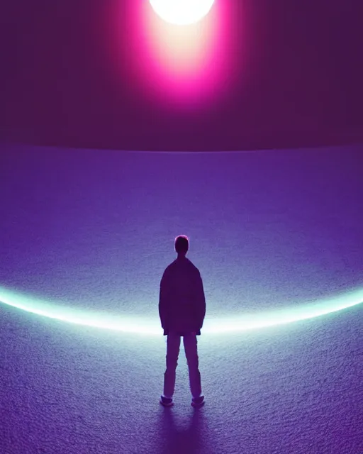 Image similar to a person standing in front of a glowy open door that's on a barren moon, poster art by mike winkelmann, trending on cg society, space art, sci - fi, ue 5, futuristic, volumetric lighting, light casting onto the ground, neat composition and camera angle