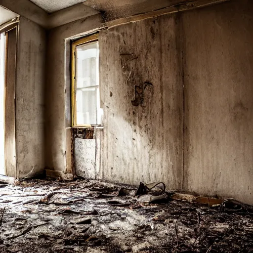 Prompt: an old hotel room, the walls are decaying, the floor has plants growing through cracks, the room is filled with tables and chairs, the tables have moldy food on them, sunlight is coming through a window, taken on a 2. 2 mm ultrawide camera.