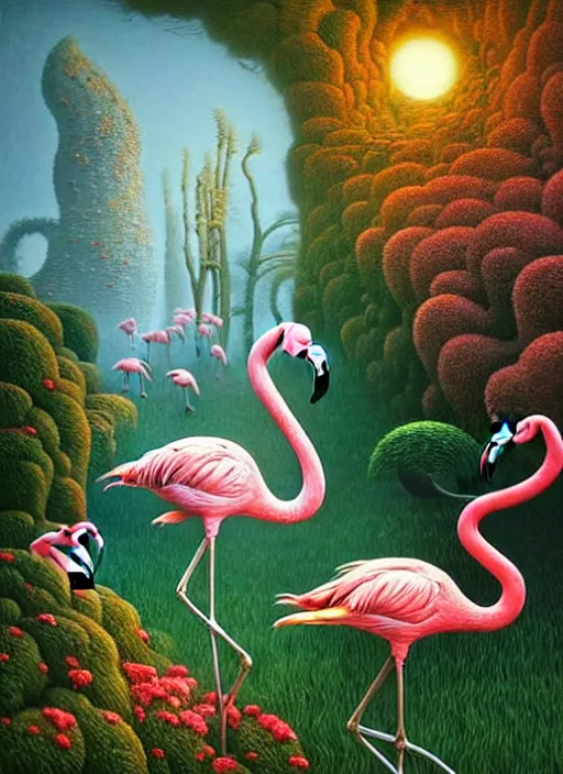 Image similar to hyper detailed 3d render like a Oil painting - the secret garden with flamingos by Jacek Yerka, Mariusz Lewandowski, Houdini algorithmic generative render, Abstract brush strokes, Masterpiece, Edward Hopper and James Gilleard, Zdzislaw Beksinski, Mark Ryden, Wolfgang Lettl, hints of Yayoi Kasuma, octane render, 8k