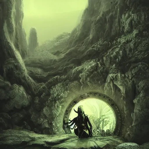 Image similar to gorgeous mechanical steampunk creature with humanlike form and two eyes looking eerily into a cave entrance that is also a portal with lush vegetation and mystical (((glowing algae))) in the sunset, desaturated, creepy ambiance, dangerous, mountains in the background, sharp focus, highly detailed, artgerm