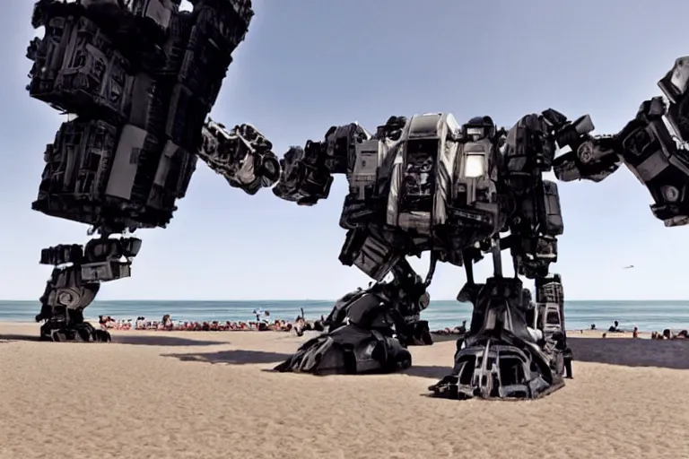 Prompt: cinematography of a giant mech on the beach in Santa Monica by Emmanuel Lubezki