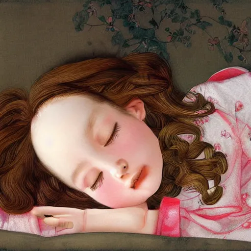 Image similar to little girl in pajama sleeping. digital artwork by ayami kojima, inspired by pixar movies and balthus, highly detailed, realistic