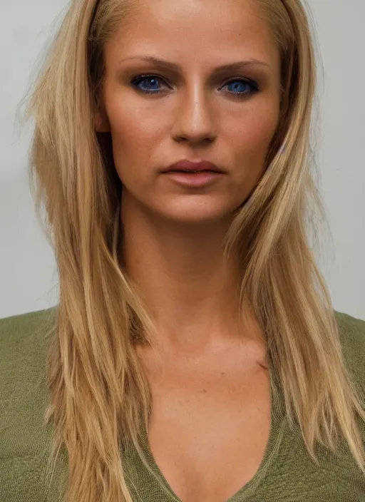 Image similar to color photograph of an olive skinned blonde female model in her early thirties, her hair pinned up, wearing a designer top, looking content, focused on her neck, facing the camera, photo realistic, extreme detail skin, natural beauty, no filter, slr, golden hour, 4 k, high definition, selfie