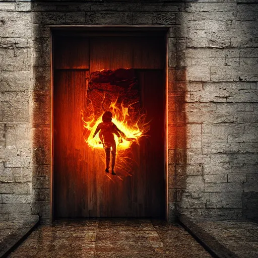 Image similar to photography, 3 d render, monster, open door, water, fire