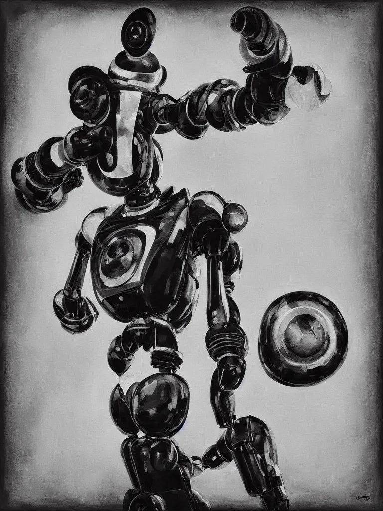 Image similar to “A perfectly centered beautiful black and white portrait oil painting of a retro-futuristic robot in Los Angeles”