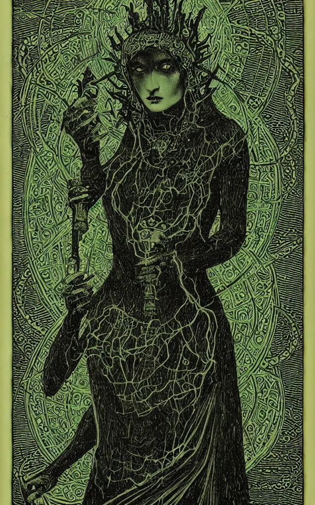 Image similar to tarot card of hecate the gloomy and beautiful goddess of witchcraft, torches, ancient keys, smokes, andrey remnev, black paper, etching, engraving, intricate line work, green line work details, mandelbulb fractal, portrait, trending on artstation, exquisite details, risography print, 4 k, 4 k