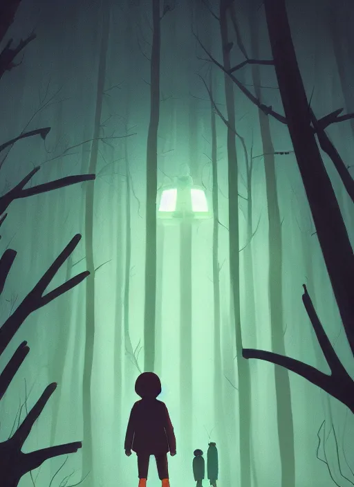 Prompt: ufo kind alien book cover forest by night, by ghibli and atey ghailan, a neon graveyard, mist, fog