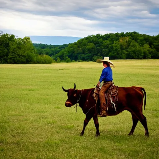 Image similar to a cowboy riding a cow next to the ozarks