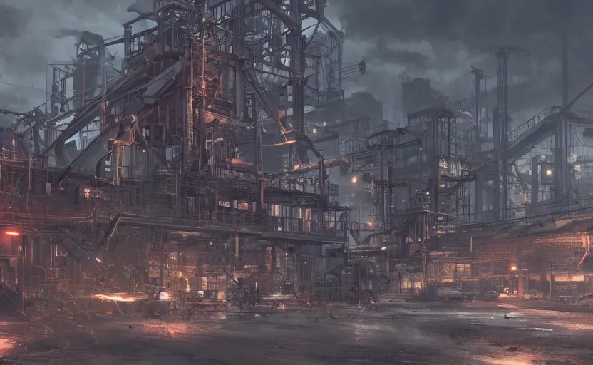Image similar to Industrial complex, unreal engine, masamune shiorow, artstation trending, horror scene, highly detailded