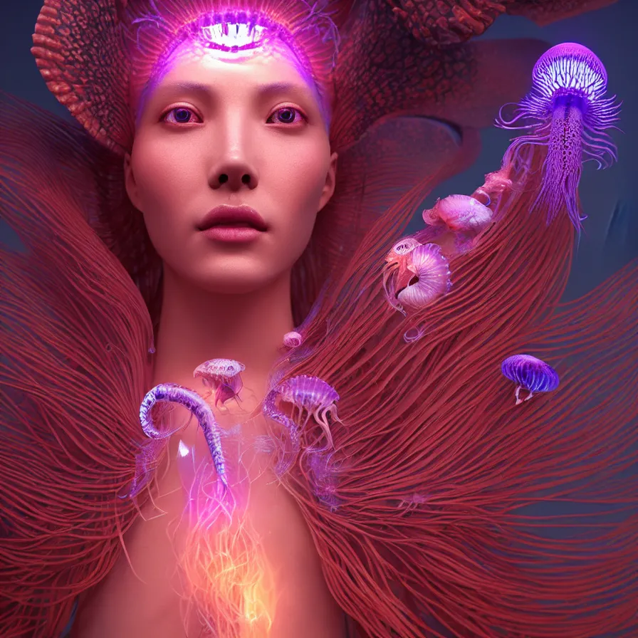 Image similar to goddess close-up portrait. orchid jellyfish phoenix head, nautilus, skull, betta fish, bioluminiscent creatures, intricate artwork by Tooth Wu and wlop and beeple. octane render, trending on artstation, greg rutkowski very coherent symmetrical artwork. cinematic, hyper realism, high detail, octane render, 8k