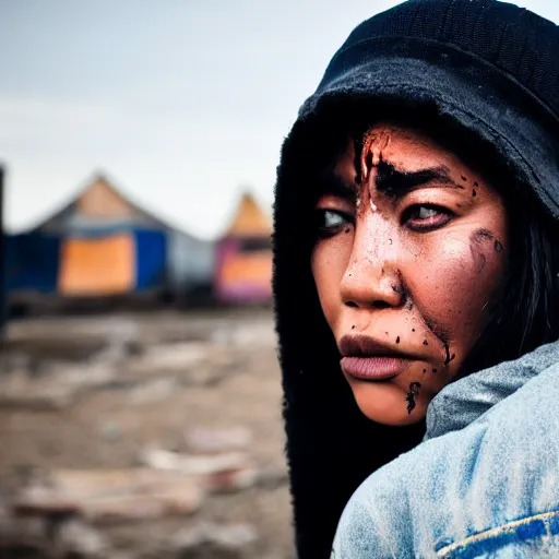 Prompt: photographic portrait of a distressed streetwear woman holding back tears, a futuristic shanty town burns in the background, closeup, sigma 85mm f/1.4, 4k, depth of field, high resolution, 4k, 8k, hd, full color