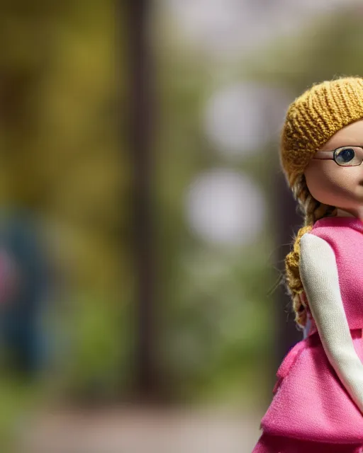 Image similar to high quality presentation photo of a cute greta thunberg barbie doll, photography 4k, f1.8 anamorphic, bokeh, 4k, Canon, Nikon