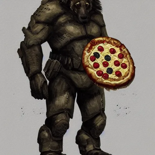 Image similar to a humanoid german shepherd beast - man in military style, holding a slice of pizza, artstation, concept art, smooth, sharp foccus ilustration, artstation