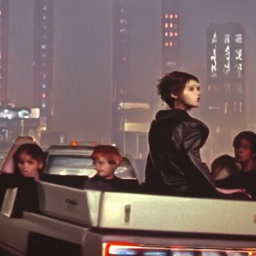 Image similar to at night, a white teenage girl with a pixie haircut in an oversized man's jacket catches a ride on the back of a truck as it drives towards the factory district : a still from a sci - fi dystopian cyberpunk film by steven spielberg from 1 9 8 0 s, shot on 3 5 mm film by janusz kaminski