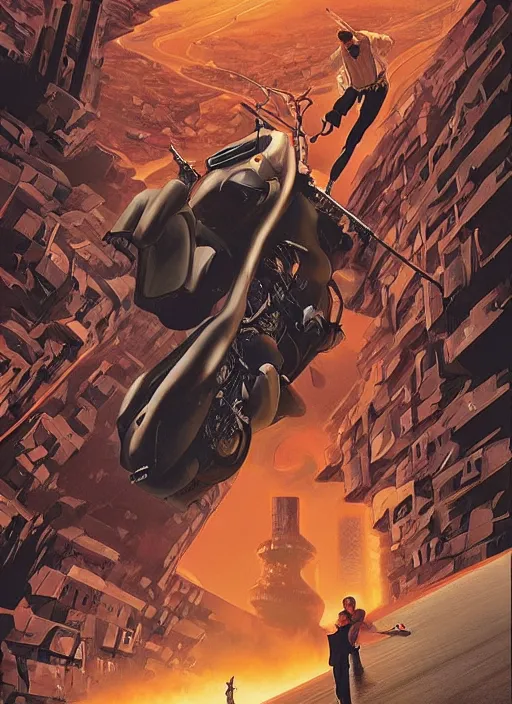 Prompt: poster artwork by Michael Whelan and Tomer Hanuka, Karol Bak of Tom Cruise taking control of the town, from scene from Twin Peaks, clean