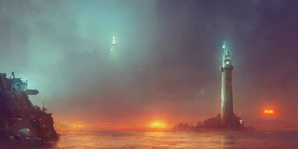 Image similar to concept art of a lone towering sci - fi lighthouse at the waterfront of a busy city, grimy, gritty, blade runner 2 0 4 9, trending on artstation, award winning painting, cgi, art by john berkey and anton fadeev and john howe and simon stalenhag