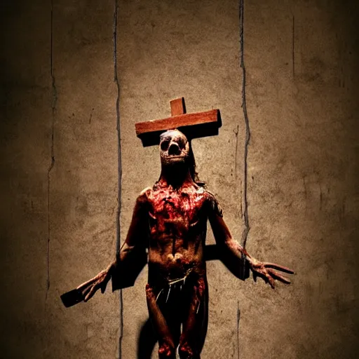 Prompt: a highly detailed realistic photographic render crucified bloody humanoid pig, bloody christ with the head of a pig, dead souls, religious sculpture, creepy, horror, horror scene, cinematic horror, creepy horror, scary scene, cinematic lighting, cinematic scene, Volumetric lighting, Atmospheric scene, Dark, Horror, Atmospheric lighting, Global illumination, realistic, photo realism, hyper realistic, hyper realism, photo realisitc, cinematic render, film, beautifully lit, ray traced, octane 3D render, octane render, unreal engine