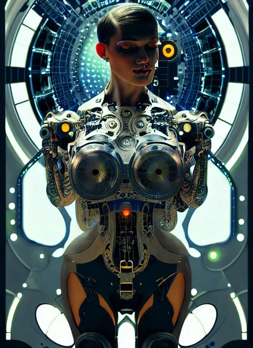 Image similar to cyborg DJ mixing on stage , diffuse lighting, fantasy, intricate, elegant, highly detailed, lifelike, photorealistic, digital painting, artstation, illustration, concept art, smooth, sharp focus, art by John Collier and Albert Aublet and Krenz Cushart and Artem Demura and Alphonse Mucha