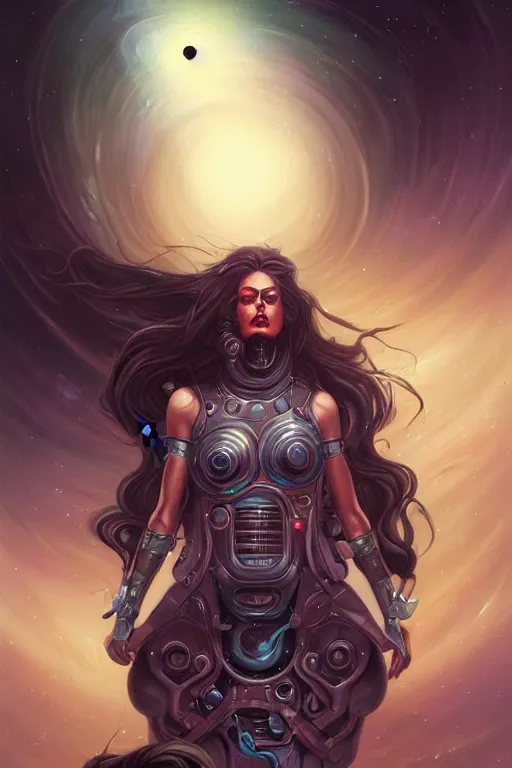 Image similar to Galactic Goddess of Blackholes, long hair, unsettling, creepy, horror, Professional Illustration by ArtGerm and Peter Mohrbacher, Mechanical Armor