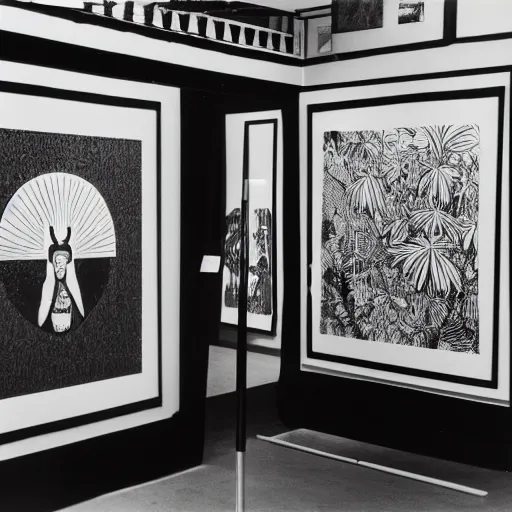 Image similar to A black and white photography in sérigraphie of an exhibition space with works of Sun Ra, Marcel Duchamp and tropical plants - W 1280