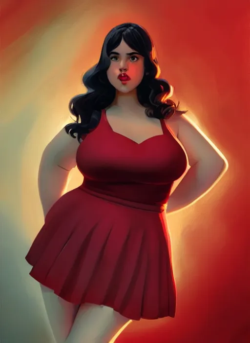 Image similar to full body portrait of teenage veronica lodge, obese, bangs, sultry, realistic, sultry smirk, wavy hair, red skirt, fat, belly, intricate, elegant, glowing lights, highly detailed, digital painting, artstation, concept art, smooth, sharp focus, illustration, art by wlop, mars ravelo and greg rutkowski