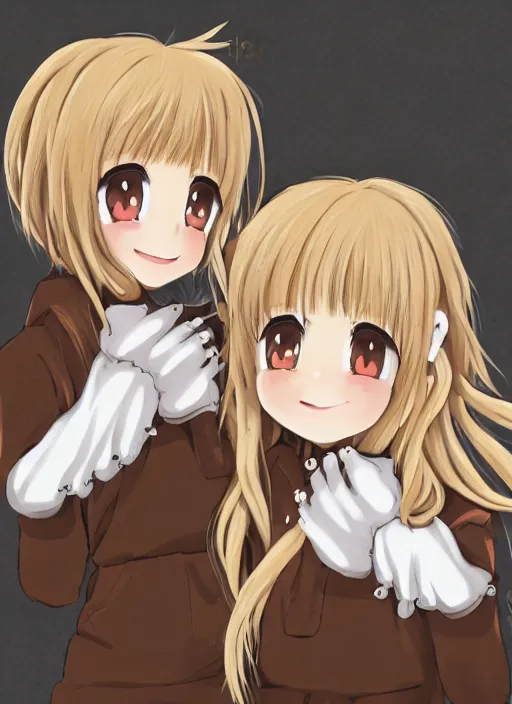 Image similar to highly detailed art of one blonde and one brown haired anime girl in onesies hugging each other looking at us, detailed eyes, happy, excited, digital art, cute, anime, detailed faces, well drawn faces, cute faces, hand drawn, 8 k, trending on artstation, official media