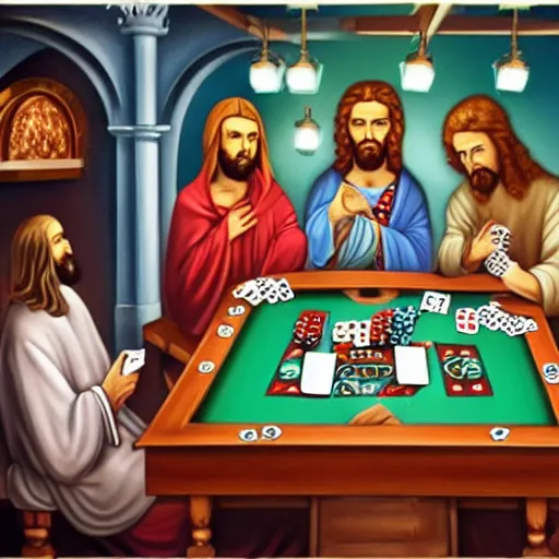 Image similar to nine various interpretations of Jesus playing poker