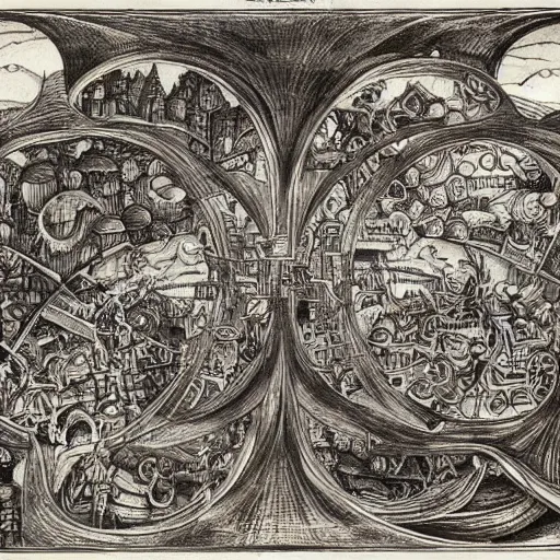 Image similar to the world is labyrinthine beyond possibility of imagining, inhabited on many levels by alien intelligence, infinite in extent, staggering in its beauty, terrifying in its weirdness, endlessly satisfying and peculiar, by albrecht durer