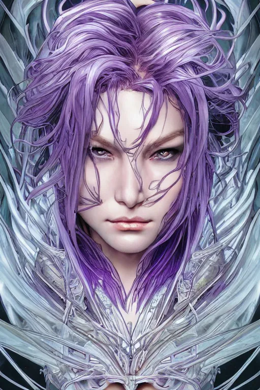 Image similar to extreme close up facial portrait, pale woman with flowing purple hair in sci - fi armor, bionic armor, stoic, powerful, by artgerm and yoshitaka amano and moebius and alphonse mucha, hyperdetailed, dc comics, ornate, nebula, detailed, yoji shinkawa, trending on artstation