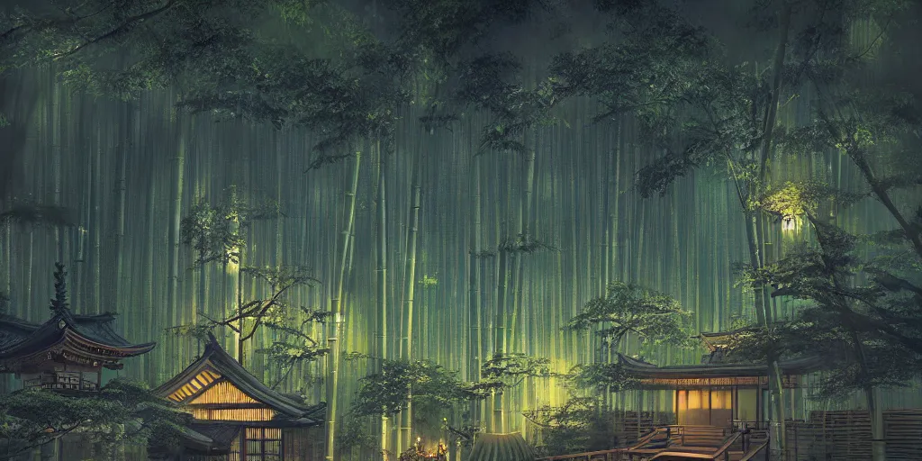 Image similar to japanese temple in bamboo forest at night, glowing fireflies, creepy ambiance, high focus, high detail, cgsociety, artgerm