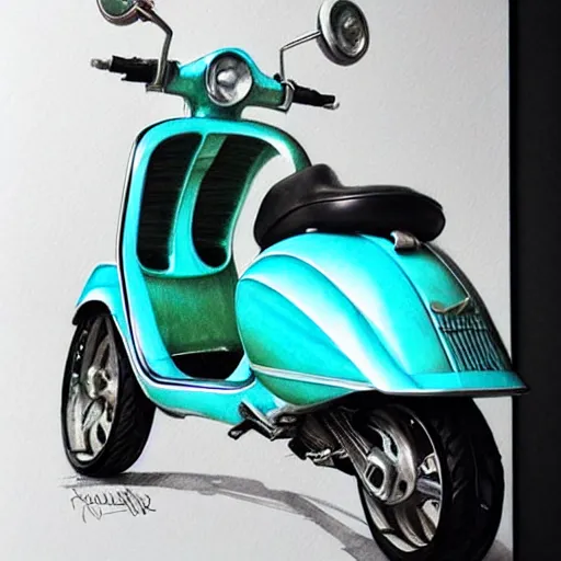 Image similar to a turquoise vespa moped, ultra realistic, concept art, intricate details, detailed, photorealistic, pencil and watercolor, art by artgerm and greg rutkowski