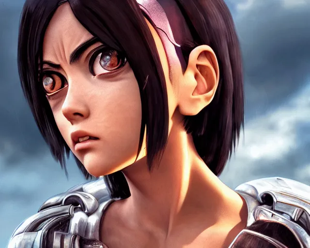 Prompt: battle angel alita, beautiful portrait, doe eyes, mouth open in awe, photorealistic, lifelike, human actress, octane engine, cinematic lighting, high detail, high resolution