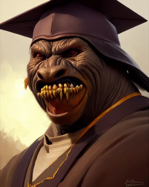 Prompt: medium - shot oil portrait of an orc in a graduation hat, artstation, highly detailed digital painting, smooth, global illumination, fantasy art by greg rutkowsky, karl spitzweg, leyendecker