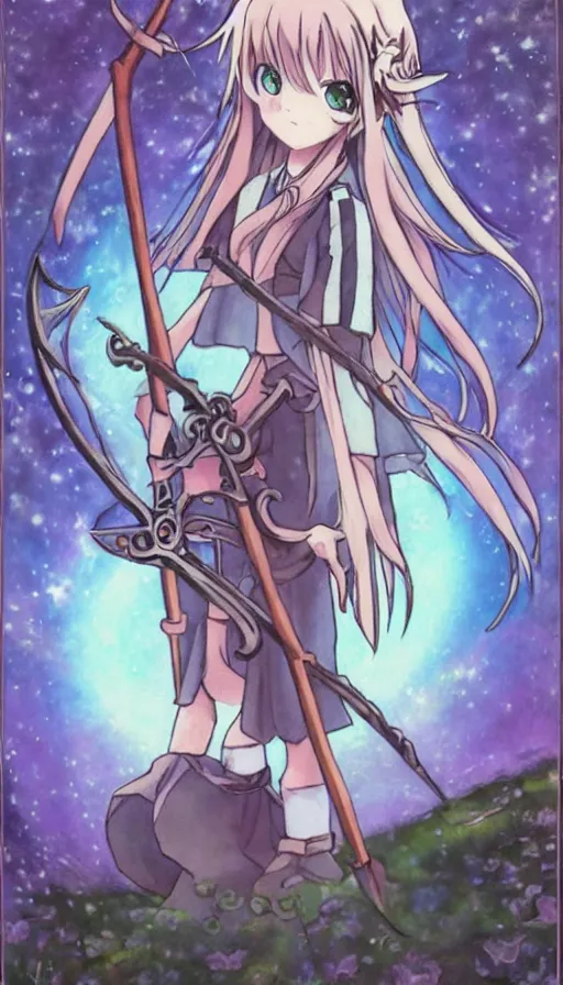 Image similar to a beautiful link drawing of the being death as a cute anime girl with a giant scythe from a studio ghibli film inspired by the death tarot card, dark vibes, pastel colors, cosmic,