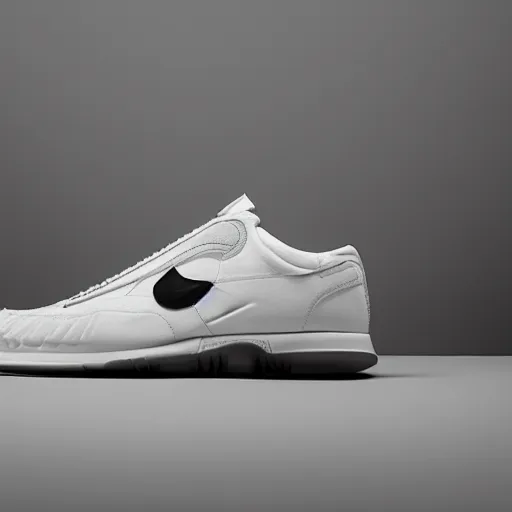 Prompt: a studio photoshoot of A Nike running sneaker designed by Dieter Rams, Fear or God, realistic, color film photography by Tlyer Mitchell, 35 mm, graflex