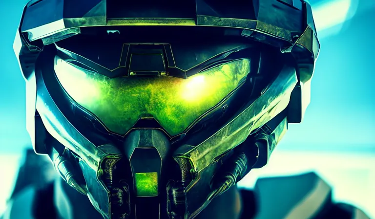 Image similar to cyberpunk halo helmet on space, planet behind, close shot, reflection, epic, dramatic, cinematic, award winning, ultra detailed, realistic, 8k,