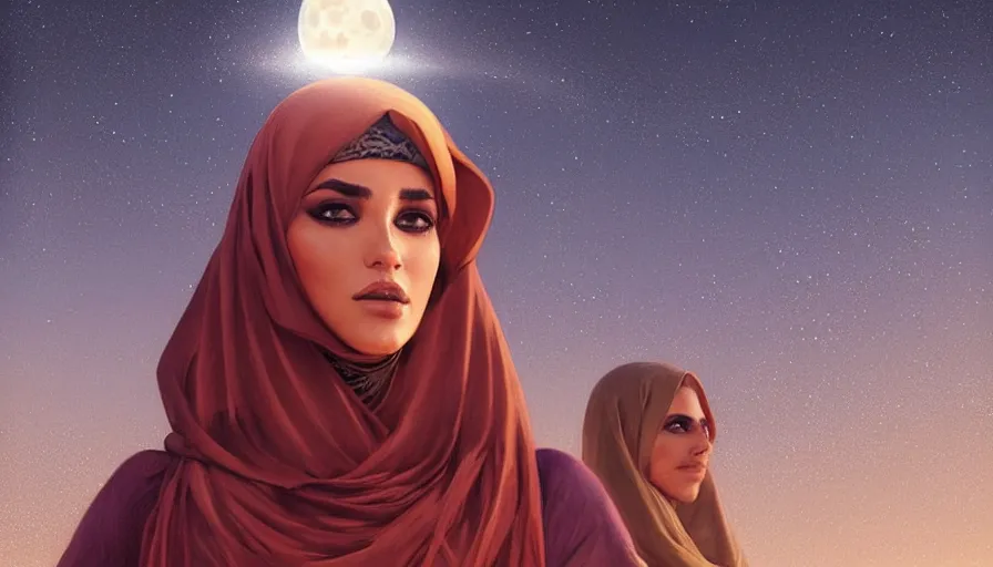 Image similar to Portrait of very very very very very very beautiful Arab woman wearing a Niqab, under giant full moon in the desert, intricate, glowing magical eyes, energy trails, elegant, highly detailed, digital painting, artstation, concept art, smooth, sharp focus, illustration, art by artgerm and greg rutkowski and alphonse mucha